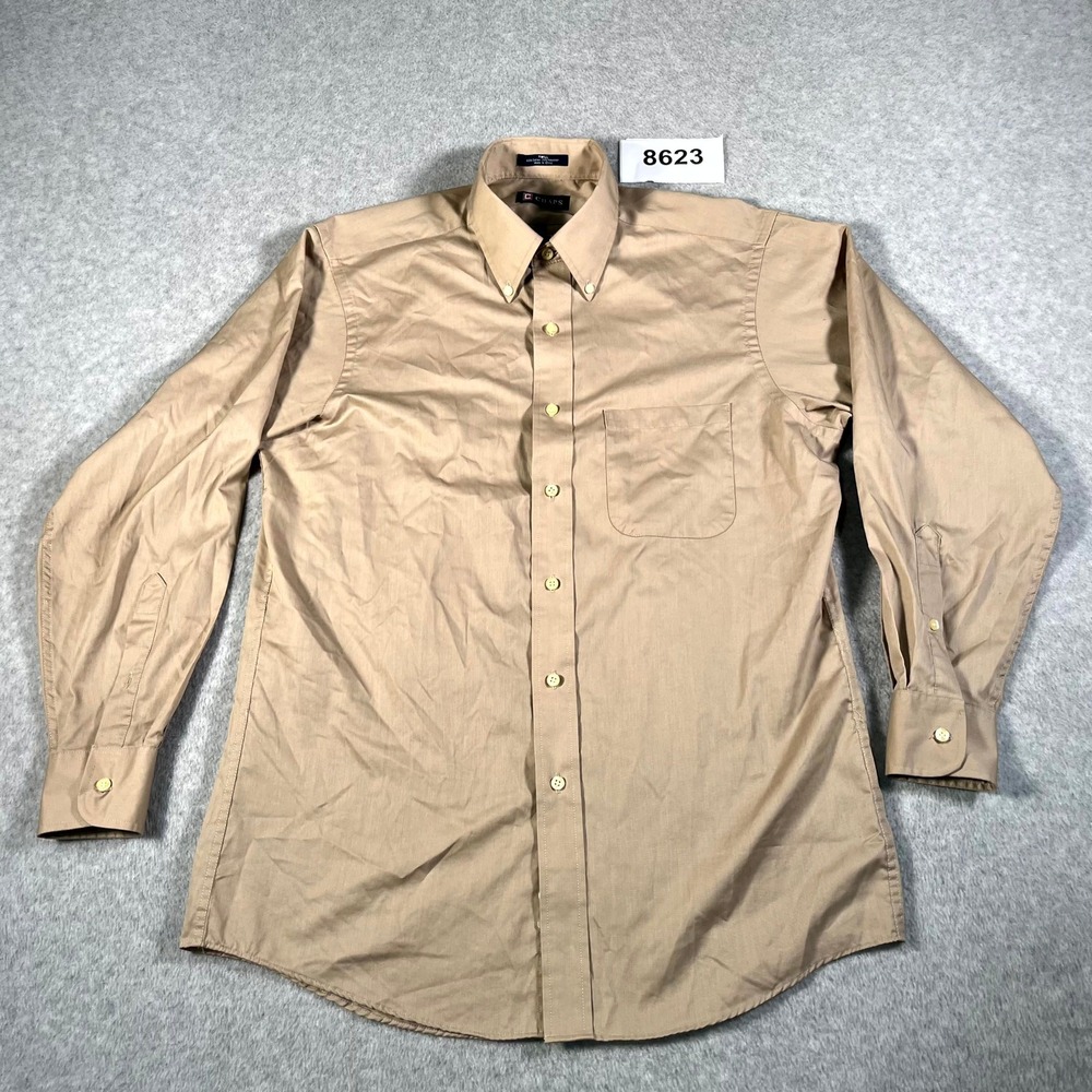 Chaps‎ Mens Tan Khaki Wrinkle Free Twill Button Down Shirt Medium 15-15.5 32/33